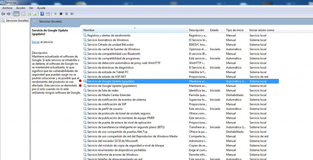 Estos son los servicios de Google Update que debemos deshabilitar.